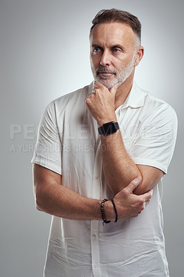 Buy stock photo Thinking, idea or mature man in studio with space, mindfulness or mindset for career growth. Reflection, insight or employee with inspiration, professional goals or daydreaming on white background.