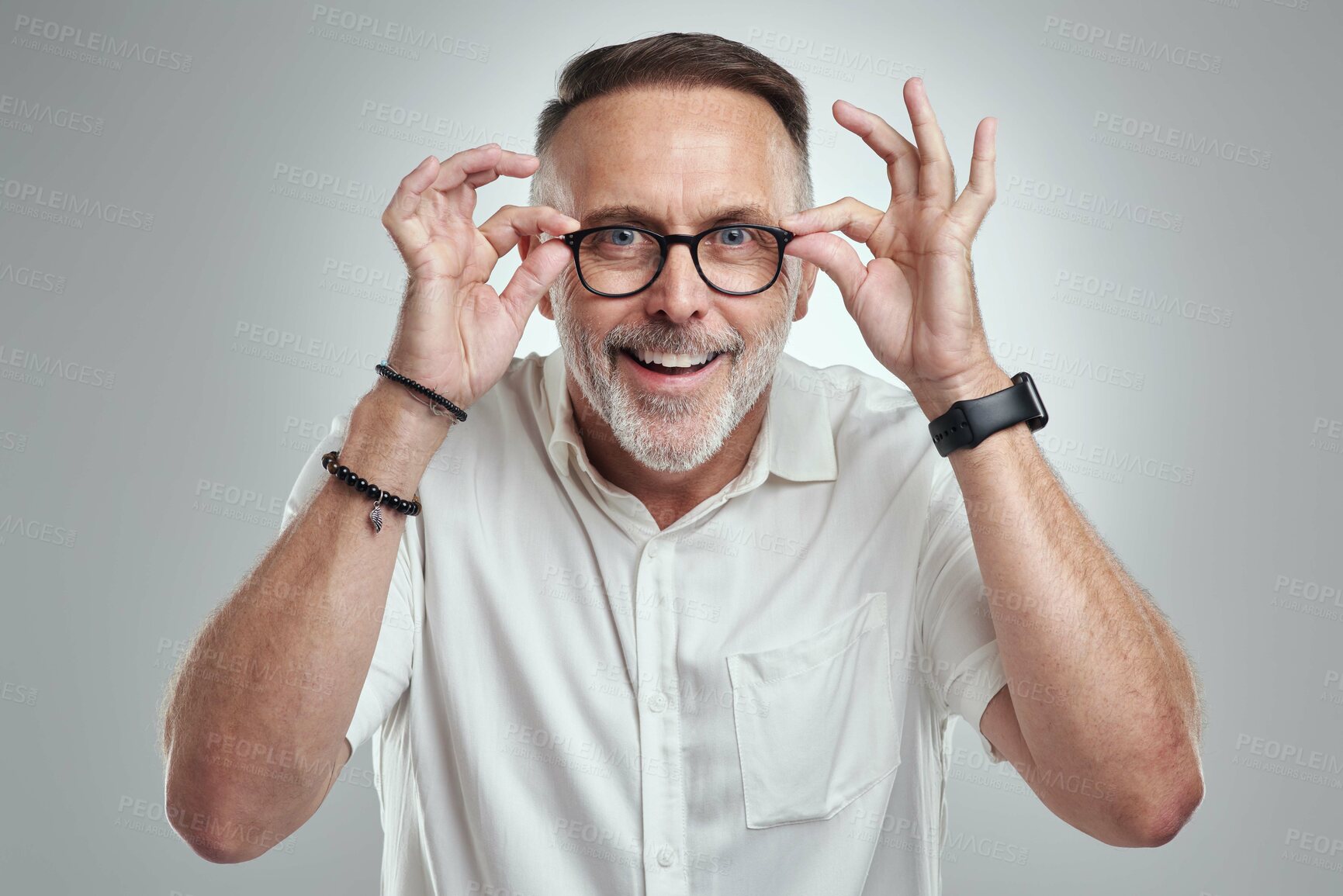 Buy stock photo Portrait, glasses and man with smile in studio, optometry and prescription frames for sight clarity. Happy, clear vision and mature person with eyewear for visual correction, see and white background