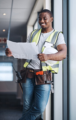 Buy stock photo Black man, blueprint and thinking for construction, architect and paperwork for building site. Manager, floor plan and smile with development design for engineering, contractor and project management