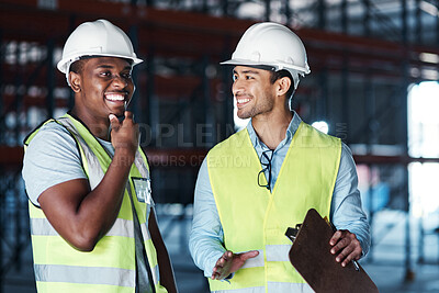 Buy stock photo Supply chain, clipboard and men in warehouse, discussion for shipping schedule and inspection. Employees, man and woman in factory, conversation and planning for import, quality control and export