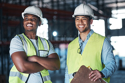 Buy stock photo Team, smile and engineer with contractor in warehouse for site supervisor, factory construction and repairman. Industrial maintenance, safety manager and inspection with people as technician