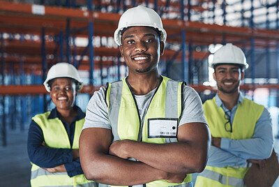 Buy stock photo Logistics, portrait and group with arms crossed in warehouse, freight or team with pride for export. Shipping, factory and people with smile for solidarity, cargo and collaboration for distribution