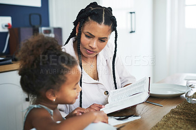 Buy stock photo Mother, girl or reading with bible in home, study religious text or explain scripture for understanding. Teaching gospel, christian family or woman with child for learning support, holy book or learn