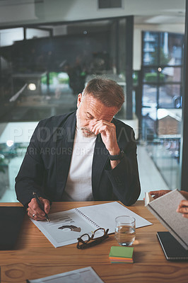 Buy stock photo Headache, investor and man in workplace, documents for bankruptcy and investment deal. Mature person, fatigue and financial advisor in office migraine and stress for trading fail, tired or brain fog