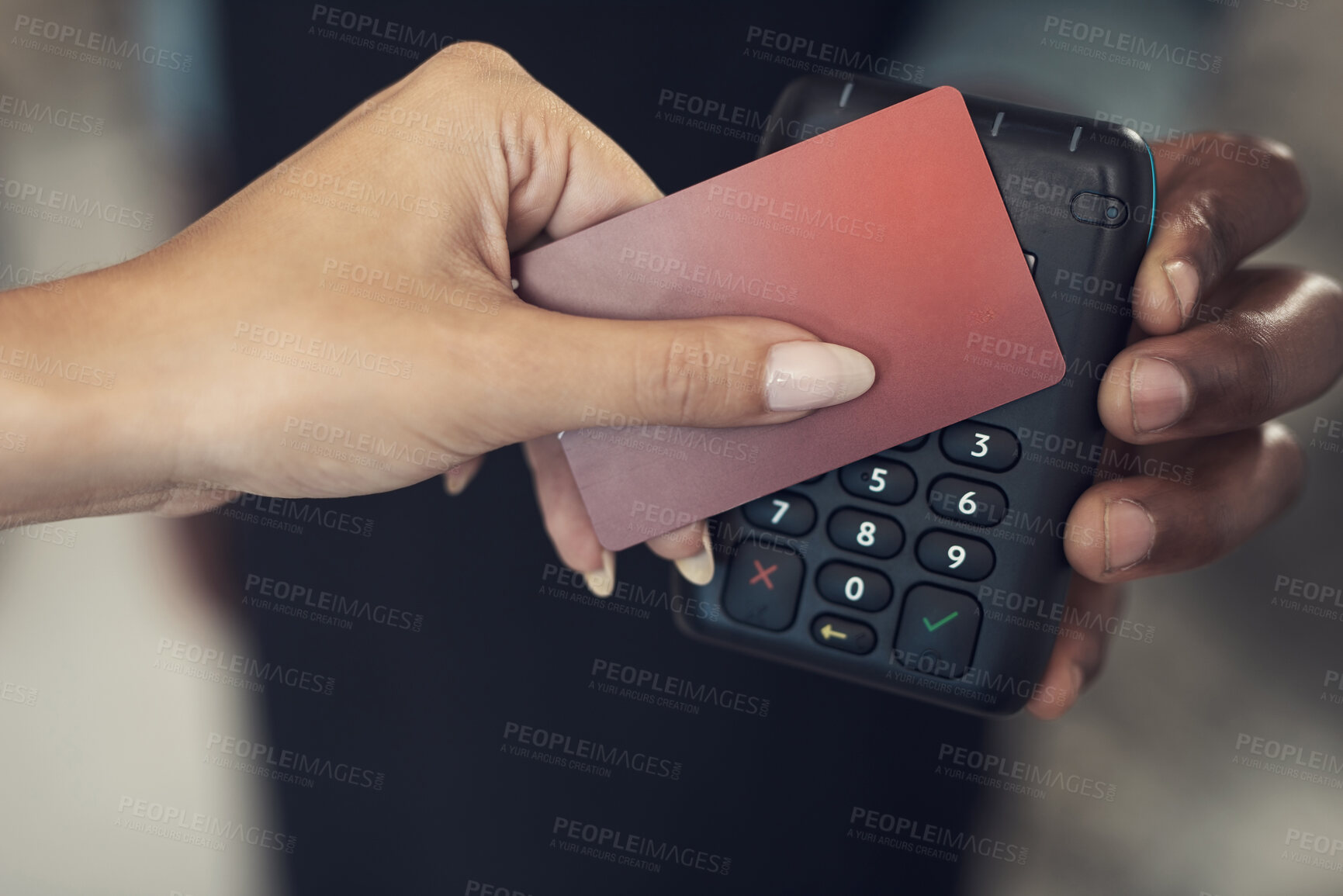Buy stock photo Credit card, online payment and hands with pos machine in shop, ecommerce and financial transaction. Customer, shopping and people with tech for digital checkout, purchase and internet connection