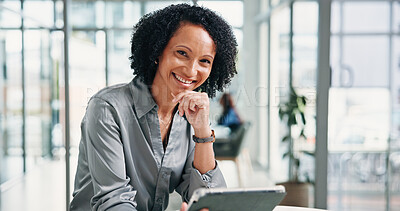Buy stock photo Portrait, investor and woman with smile, tablet for investment deal and app for online contract. Mature person, internet and financial advisor in office, happiness and tech for trading portfolio