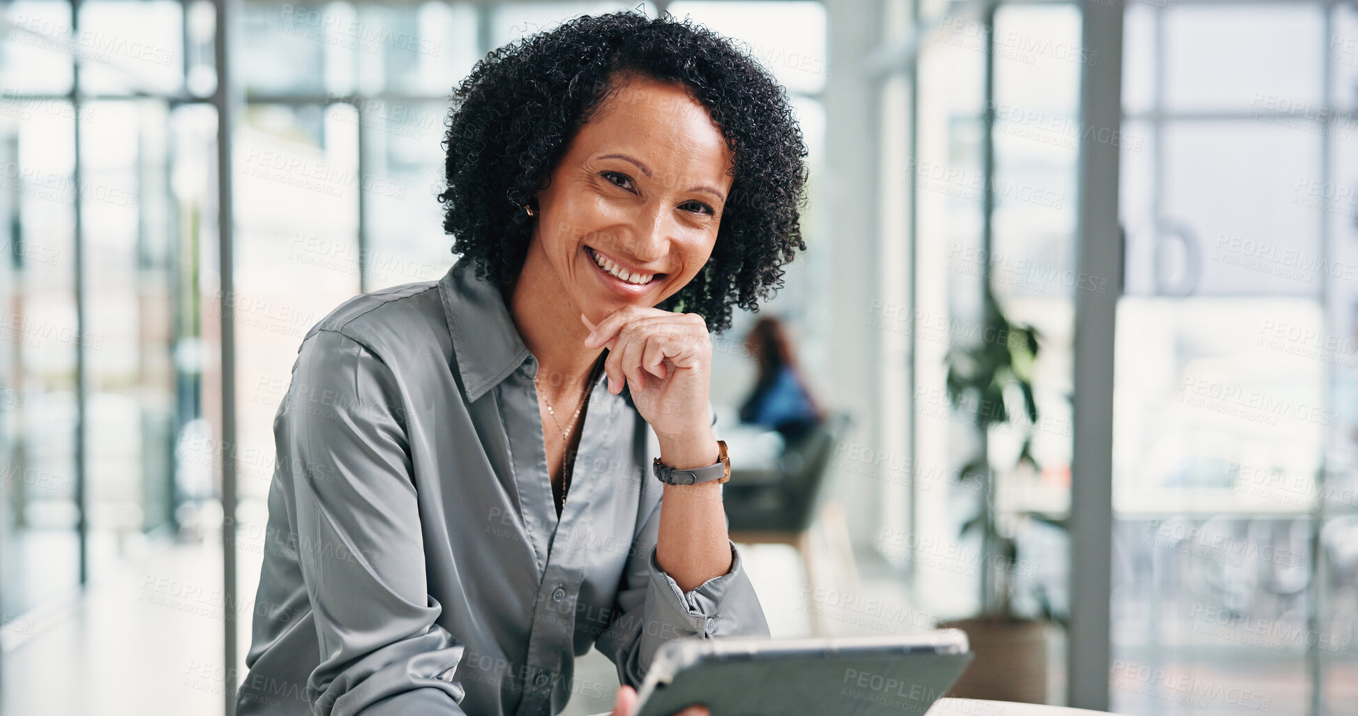 Buy stock photo Portrait, investor and woman with smile, tablet for investment deal and app for online contract. Mature person, internet and financial advisor in office, happiness and tech for trading portfolio