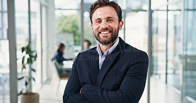 Buy stock photo Happy, portrait and business man with crossed arms for finance advisor, career growth and job. Corporate, professional and person with pride, confidence and smile for about us at financial agency