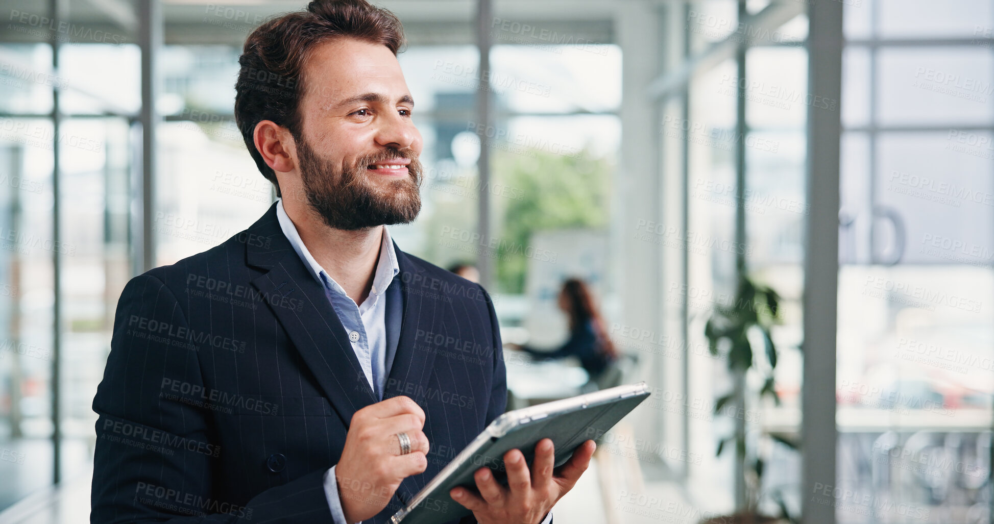 Buy stock photo Thinking, investor and man in office, tablet for investment deal and decision for online contract. Happiness, financial advisor and person in workplace, choice and tech for trading portfolio and app