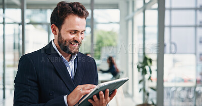 Buy stock photo Smile, trader and man in office, tablet for investment deal and signature for online contract. Person, investor and employee in workplace, profit growth and tech for trading portfolio and internet