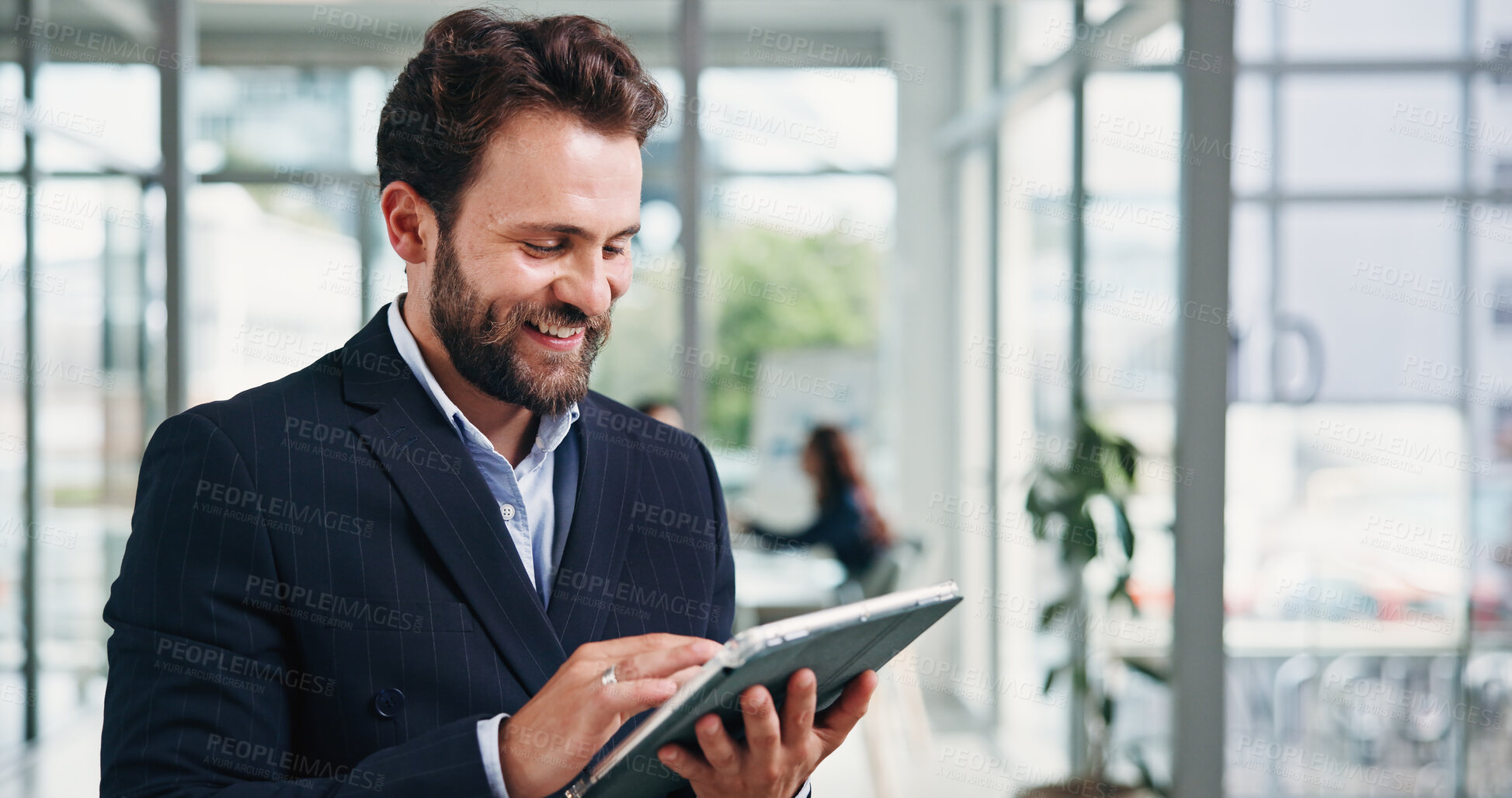 Buy stock photo Smile, trader and man in office, tablet for investment deal and signature for online contract. Person, investor and employee in workplace, profit growth and tech for trading portfolio and internet