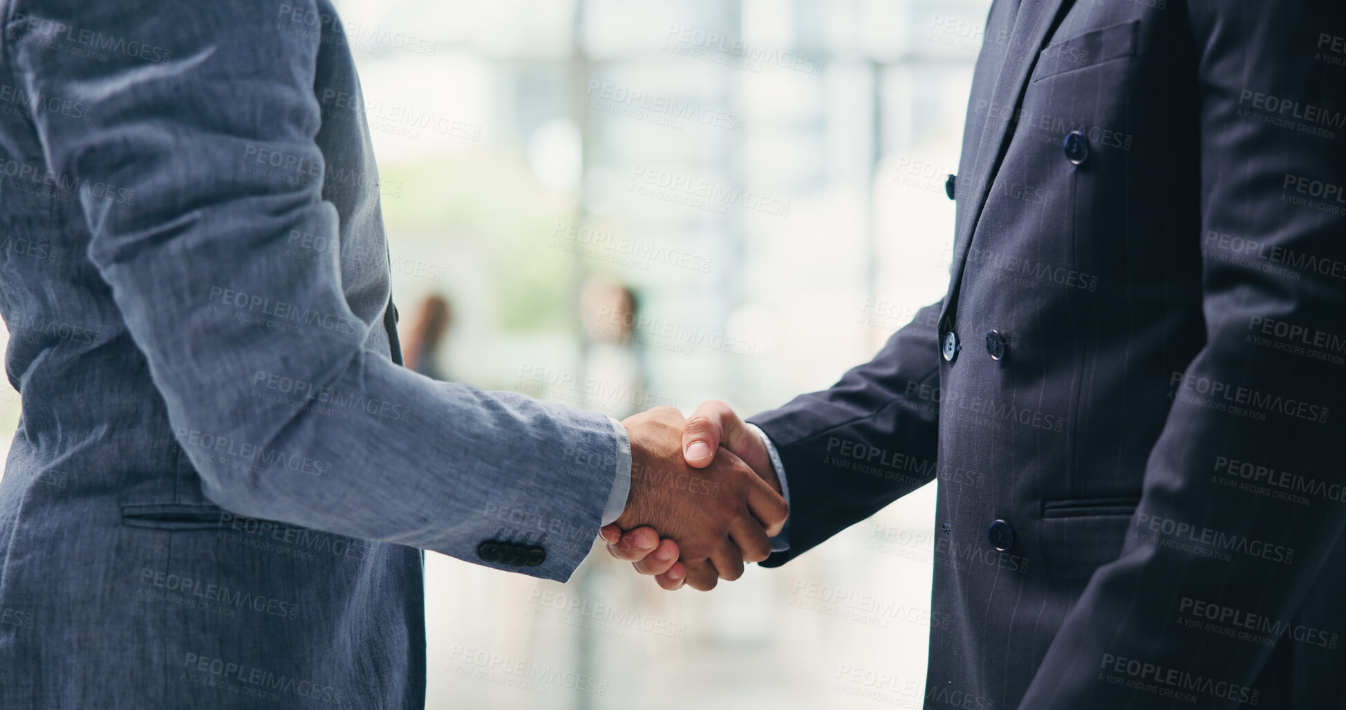 Buy stock photo Shaking hands, business people and deal at office with agreement for onboarding at human resources company. Staff, manager and hr services with handshake, welcome or recruitment at corporate agency
