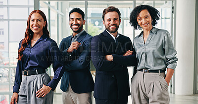 Buy stock photo Happy, team and portrait of business people in office for finance consulting, career and teamwork. Corporate, professional and women and men with pride, confidence and about us at financial agency