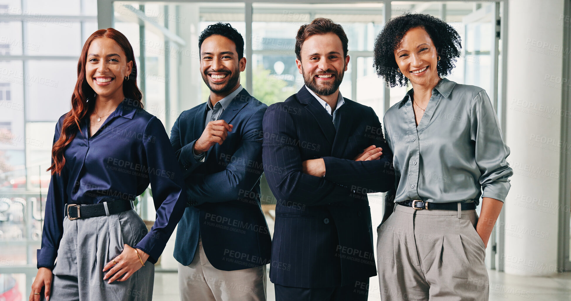 Buy stock photo Happy, team and portrait of business people in office for finance consulting, career and teamwork. Corporate, professional and women and men with pride, confidence and about us at financial agency