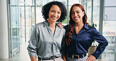 Buy stock photo Business, women and smile portrait in office for journalism, career development and about us pride. Journalist, editor and happy at publishing agency for news reporting, creative experience and team