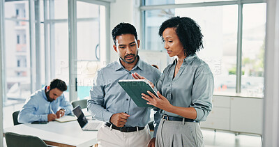 Buy stock photo Meeting, office and business people on tablet for feedback, project review and budget planning. Boardroom, collaboration and workers on digital tech for investment, discussion and finance report