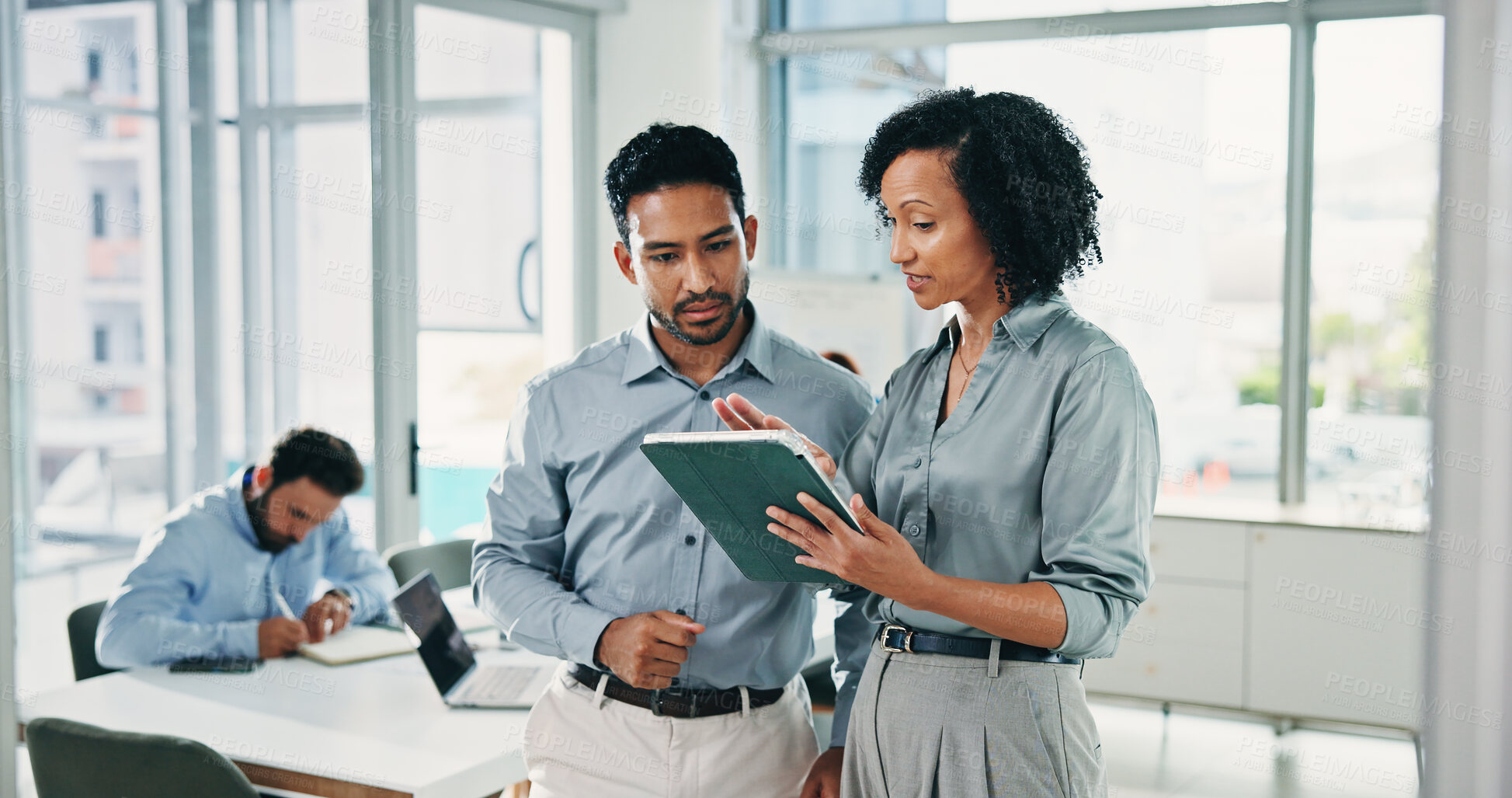 Buy stock photo Meeting, office and business people on tablet for feedback, project review and budget planning. Boardroom, collaboration and workers on digital tech for investment, discussion and finance report
