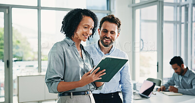 Buy stock photo Meeting, advice and business people on tablet in office for feedback, project review and budget planning. Happy, team and workers on digital tech for website, talking and finance report for campaign