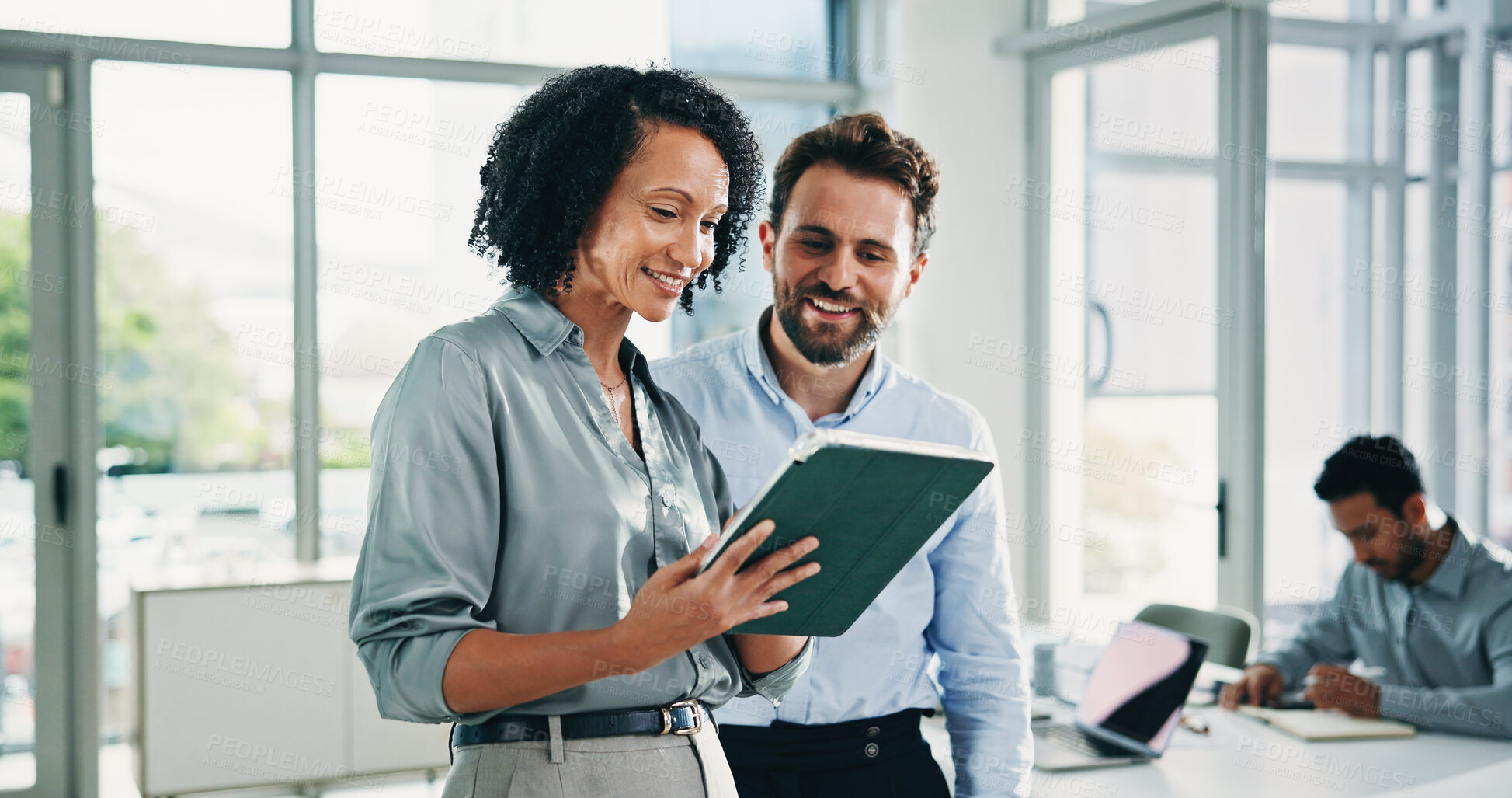 Buy stock photo Meeting, advice and business people on tablet in office for feedback, project review and budget planning. Happy, team and workers on digital tech for website, talking and finance report for campaign