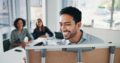 Buy stock photo Happy, businessman and writing with team on whiteboard in office for coaching or presentation. Man, speaker or smile with group of employees for staff training, project or conference in boardroom