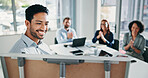 Happy, businessman and meeting with team applause on whiteboard in office for presentation. Man, coaching or smile with group of employees clapping for staff training or business success in boardroom