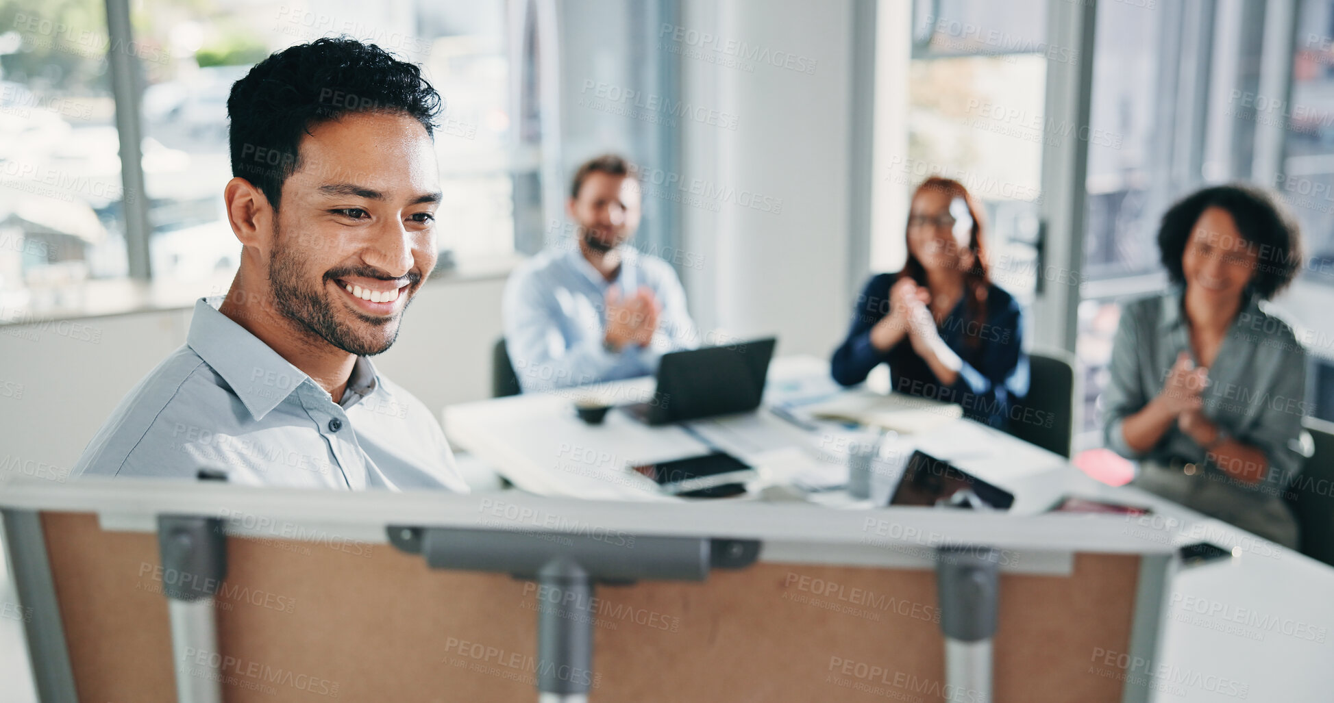 Buy stock photo Happy, businessman and meeting with team applause on whiteboard in office for presentation. Man, coaching or smile with group of employees clapping for staff training or business success in boardroom