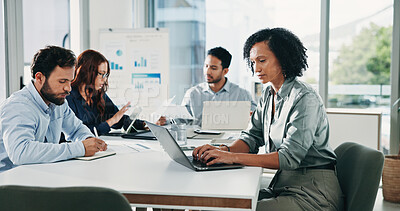 Buy stock photo Charts, laptop and business woman in meeting for finance report, budget review and proposal feedback. Corporate, team and person on computer for research, planning and financial analysis for audit