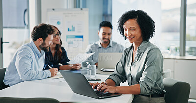 Buy stock photo Manager, laptop and business woman in meeting for finance report, budget review and proposal feedback. Corporate, team and person on computer for research, planning and financial analysis for audit