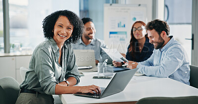 Buy stock photo Portrait, business and woman with laptop in office for research, finance report and review budget. Smile, person and meeting with tech for company audit, financial information and investment proposal