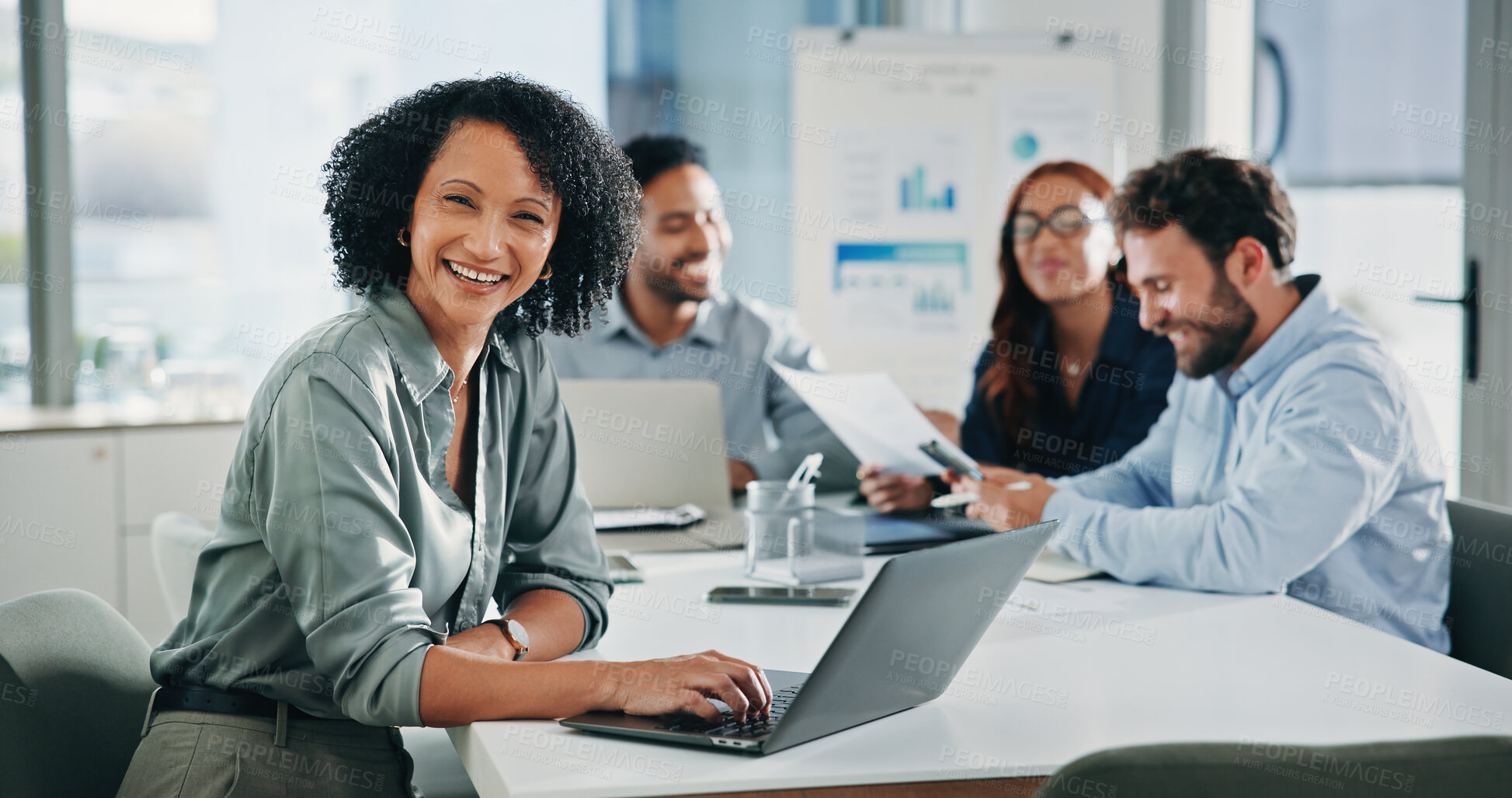 Buy stock photo Portrait, business and woman with laptop in office for research, finance report and review budget. Smile, person and meeting with tech for company audit, financial information and investment proposal