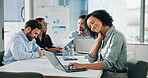 Investor, neck pain and woman in office, stress and muscle tension with laptop. People, financial advisor and professional in workplace, discomfort and burnout with inflammation, pc and joint injury