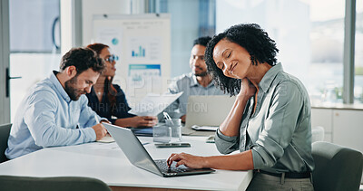 Buy stock photo Investor, neck pain and woman in office, laptop and muscle tension with stress. People, financial advisor and professional in workplace, discomfort and burnout with inflammation, pc and joint injury