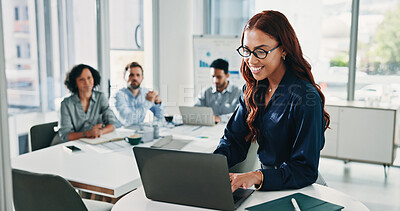 Buy stock photo Business, woman and typing with laptop in office for research, finance report and review budget. Smile, female person and meeting with pc for accounting, financial information and investment proposal