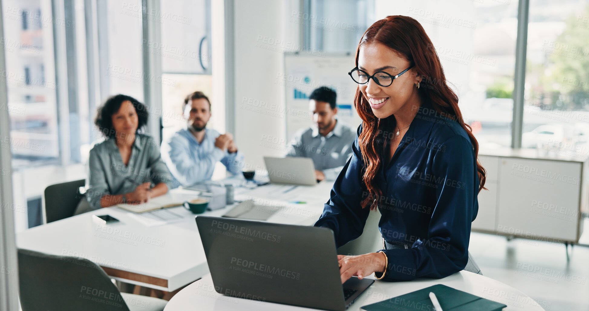 Buy stock photo Business, woman and typing with laptop in office for research, finance report and review budget. Smile, female person and meeting with pc for accounting, financial information and investment proposal