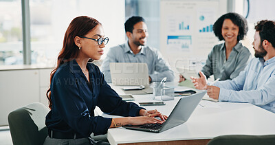 Buy stock photo Office, laptop and business woman in meeting for finance report, budget review and proposal notes. Corporate, team and person on computer for research, planning and financial analysis for investment