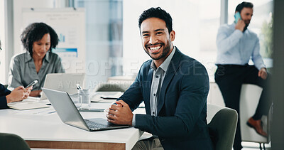 Buy stock photo Smile, business and man with laptop in office for research, finance report and review budget. Portrait, employee and meeting with tech for company audit, financial information and investment proposal