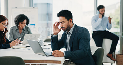 Buy stock photo Investor, headache and man in workplace, pain and temple massage with laptop. People, financial advisor and employee in office, migraine and burnout with computer, tired and exhausted with fatigue