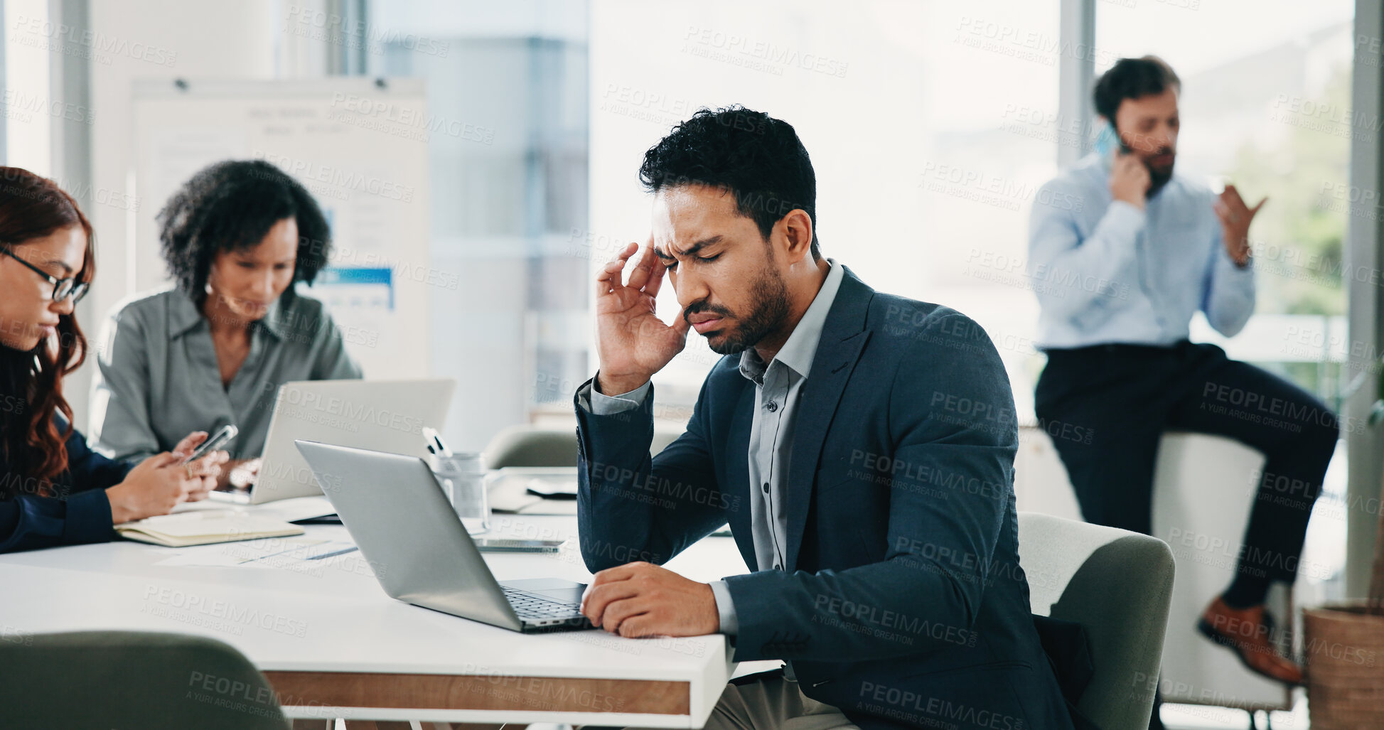 Buy stock photo Investor, headache and man in workplace, pain and temple massage with laptop. People, financial advisor and employee in office, migraine and burnout with computer, tired and exhausted with fatigue