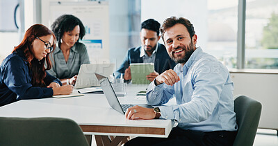 Buy stock photo Portrait, meeting and man in office, investor and strategy for investment deal, profit increase and laptop. People, financial advisor and person in workplace, pc and excited for trading opportunity