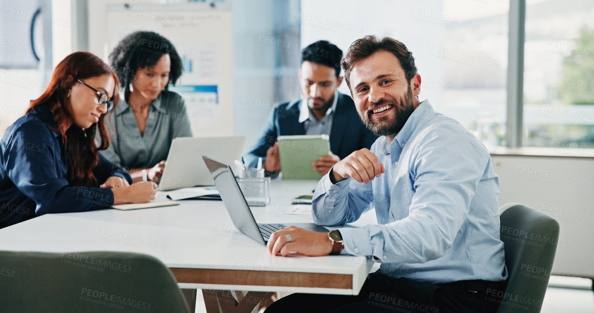 Buy stock photo Portrait, meeting and man in office, investor and strategy for investment deal, profit increase and laptop. People, financial advisor and person in workplace, pc and excited for trading opportunity