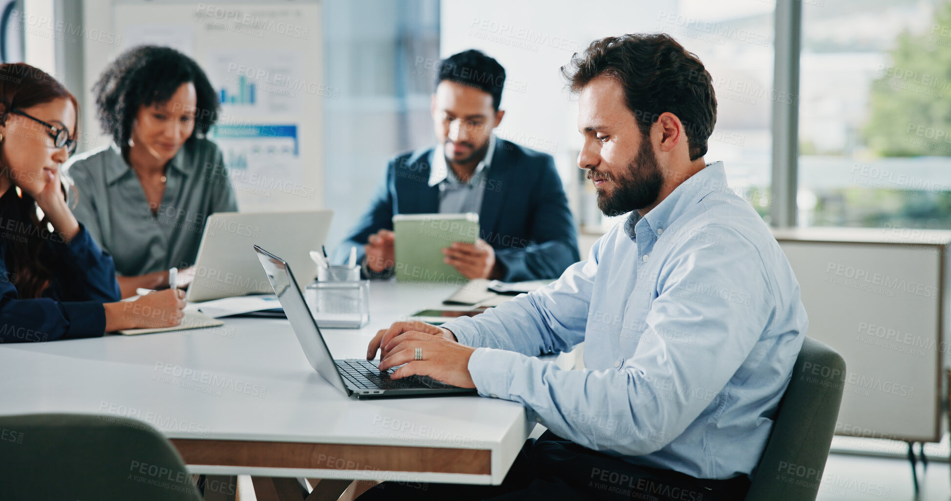 Buy stock photo Meeting, laptop and businessman in boardroom for finance report, budget review and online proposal. Corporate, team and person on computer for research, planning and financial analysis for investment