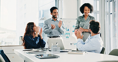 Buy stock photo Woman, team and applause at meeting with presentation for goals, motivation or success at insurance company. People, group and happy with project, support or achievement at risk management agency