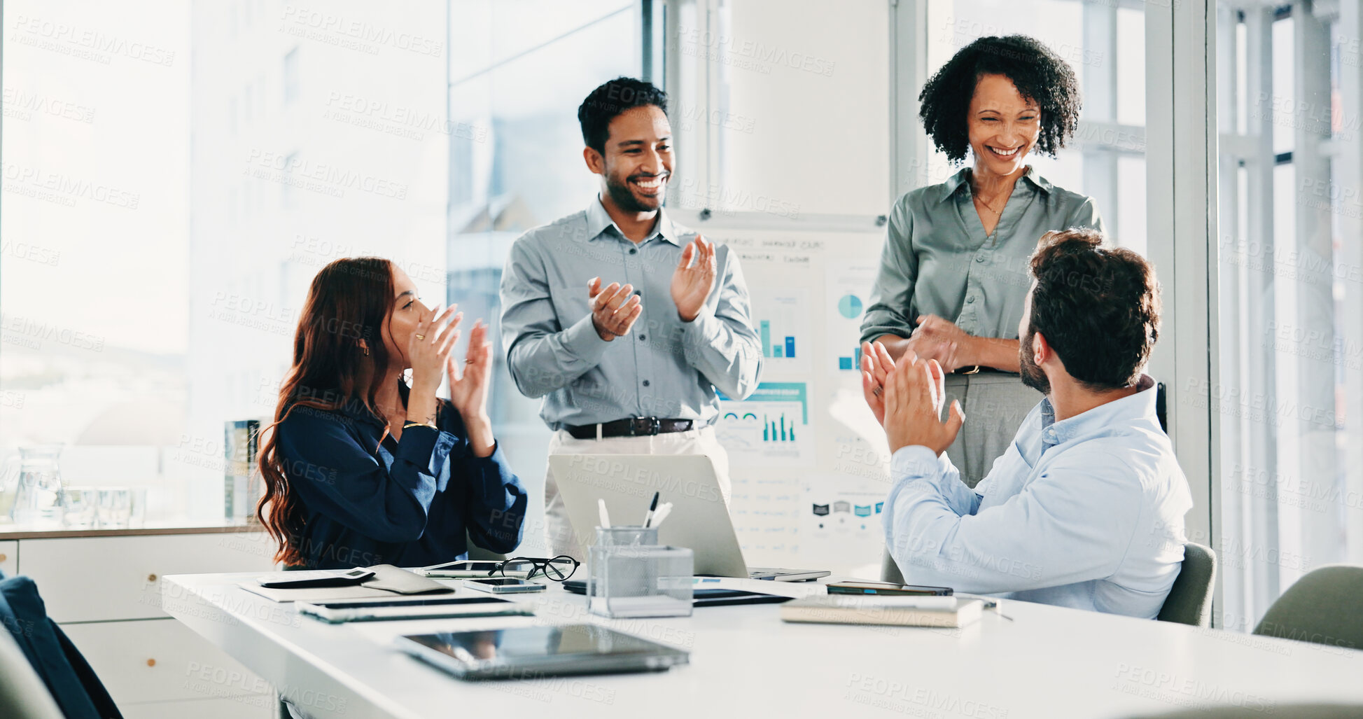 Buy stock photo Woman, team and applause at meeting with presentation for goals, motivation or success at insurance company. People, group and happy with project, support or achievement at risk management agency