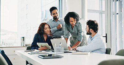 Buy stock photo Office, meeting and business people on laptop for finance review, feedback and budget report. Corporate, team and workers on computer for planning on investment, proposal and financial decision