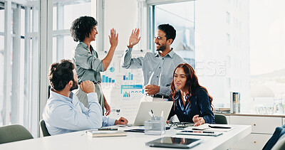 Buy stock photo Business people, team and success at meeting with high five for goal, motivation or excited at insurance company. Men, women and happy with project, support and achievement at risk management agency