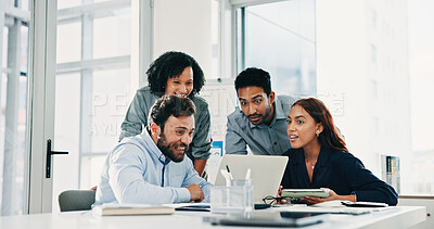 Buy stock photo Laptop, reading and team with business people in meeting for acquisition, finance advisor and liquidity. Brainstorming, research and online report with employees in agency for feedback and workshop