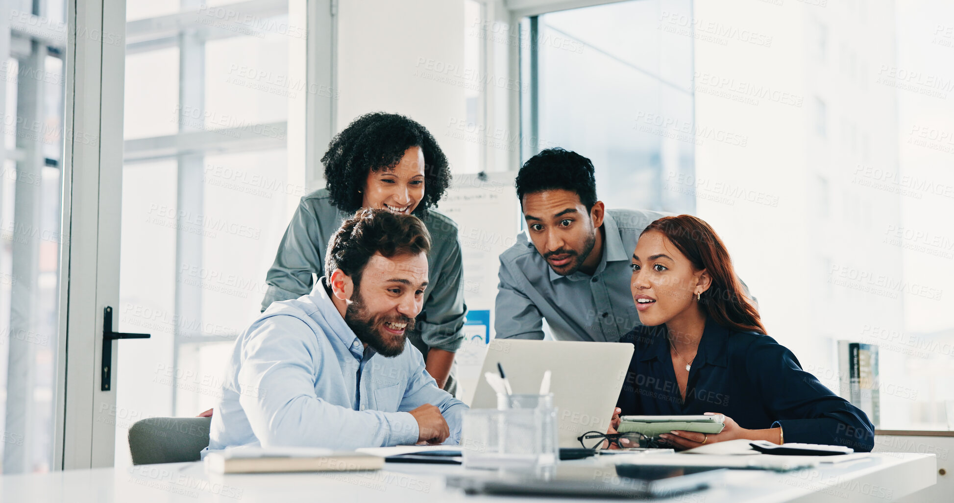 Buy stock photo Laptop, reading and team with business people in meeting for acquisition, finance advisor and liquidity. Brainstorming, research and online report with employees in agency for feedback and workshop