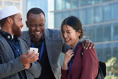 Buy stock photo Business people, funny and smartphone in city, internet and digital app for social media. Outdoor, men and woman with cellphone, online humor or connection for communication, conversation or laughing