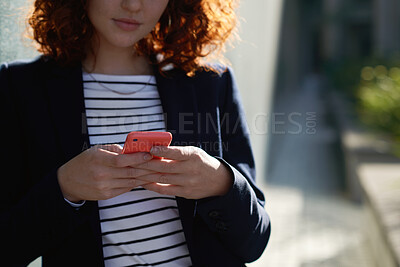 Buy stock photo Phone, typing and business woman in city for social media, internet and connection on break. Intern, professional and person on smartphone for online chat, message and email notification in town