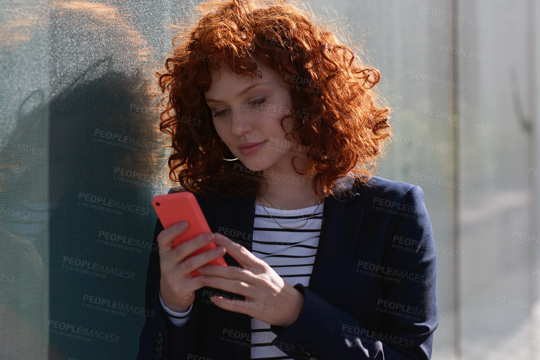 Buy stock photo Phone, reading and business woman in city for social media, internet and connection on break. Intern, creative worker and person on smartphone for online chat, message and email notification in town